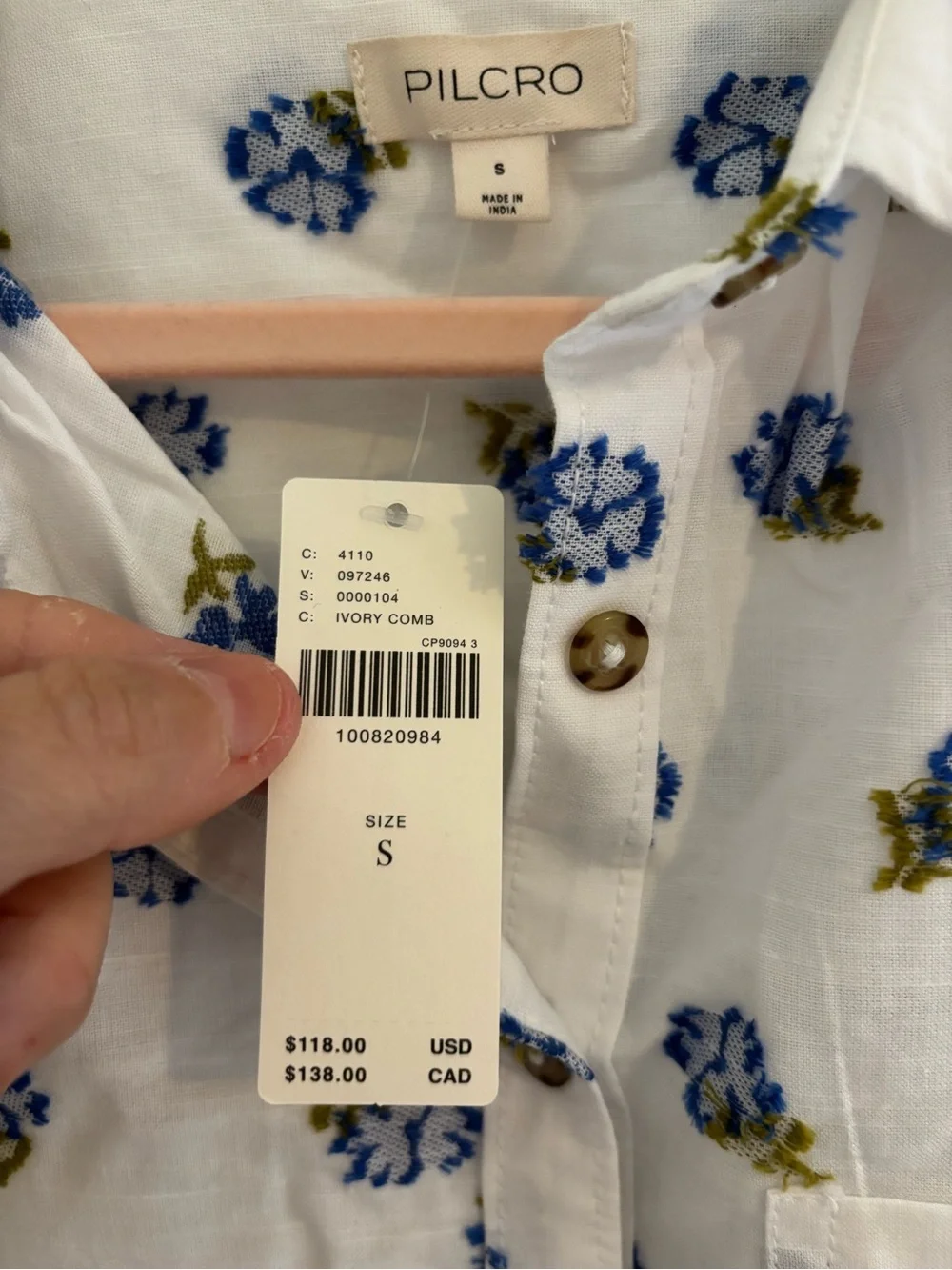 Pilcro White Short-Sleeve Button-Down Shirt with Blue Floral Print - Picture 2 of 2
